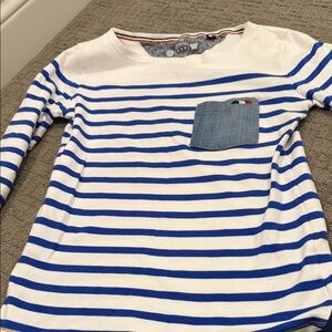 Women's Blue and White Striped Long Sleeve Top with Denim Pocket